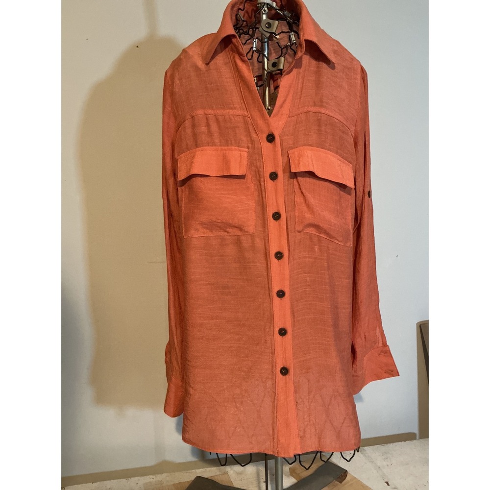 PerSeption Concept Womens Coral Button Up Roll Tab Sleeve Shirt Small NWT